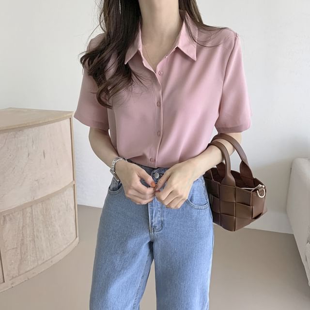 Loose-Fit Plain Short Sleeve Blouse