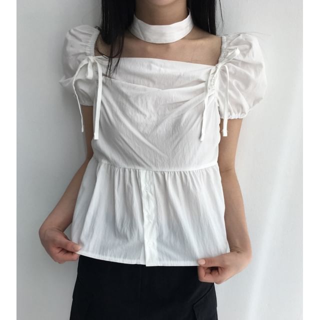 Puff Sleeve Square-Neck Peplum Blouse