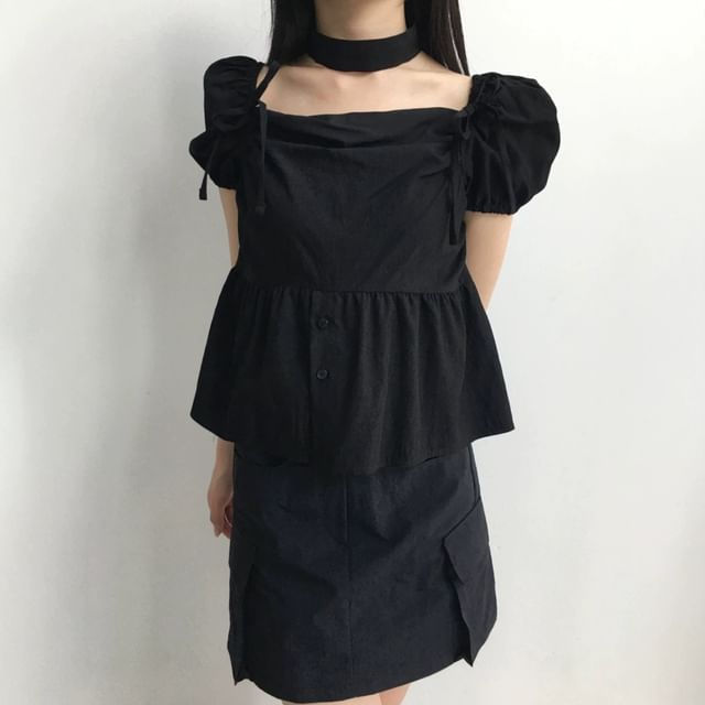 Puff Sleeve Square-Neck Peplum Blouse