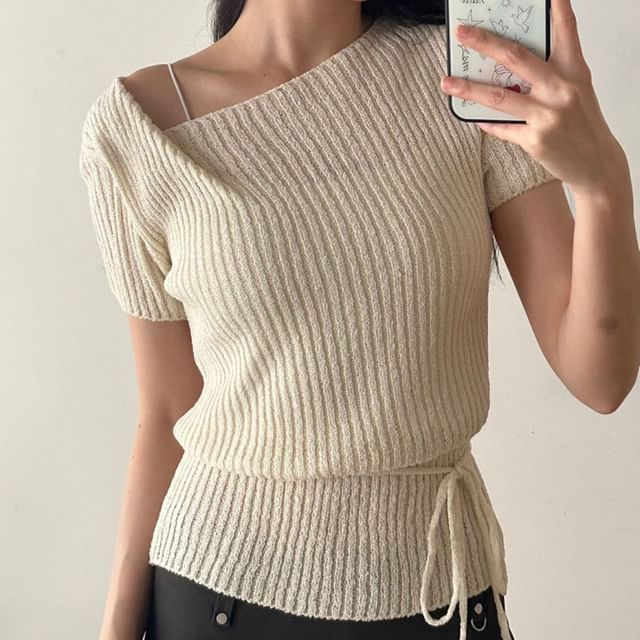Asymmetric Neckline Ribbed Knit Slim-Fit Short Sleeve Top