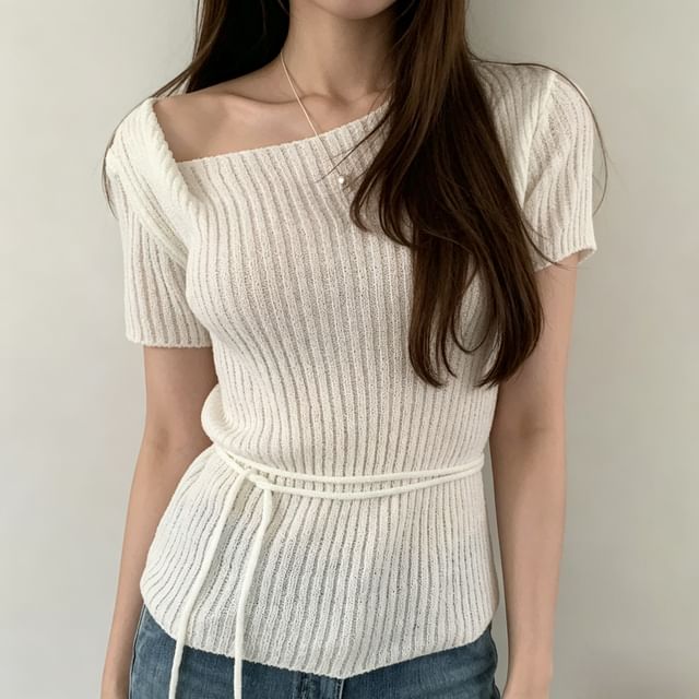 Asymmetric Neckline Ribbed Knit Slim-Fit Short Sleeve Top