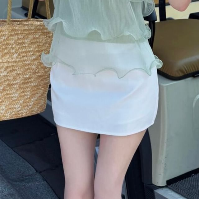 Plain Ruffle Tiered Mesh Tube Top / High Waist Plain Mini Pencil Skirt