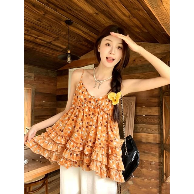 Floral Ruffle Flowy Camisole Top