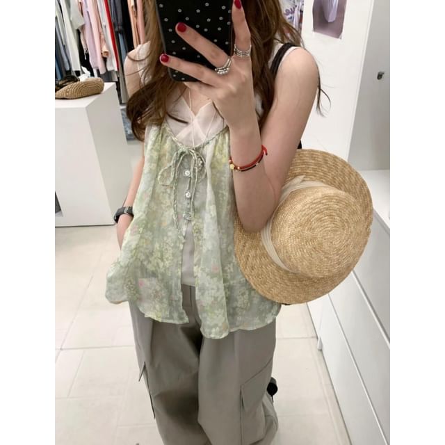 Sleeveless V-Neck Plain Mesh Top / Floral Flowy Camisole Top / Plaid Camisole Top / Set