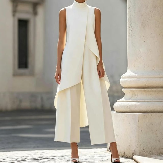 Set: Sleeveless Stand Collar Plain Asymmetrical Top + High Waist Wide Leg Pants