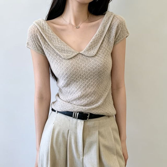 Short-Sleeve Collared Plain Textured Knit Top