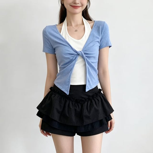 Short-Sleeve Halter Neck Mock Two Piece Crop T-Shirt