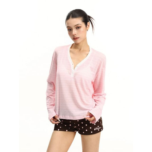 Long-Sleeve V-Neck Striped Contrast Trim Sheer T-Shirt