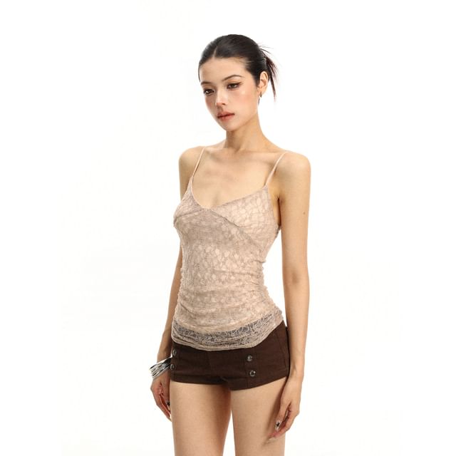 V-Neck Ruched Lace Slim Fit Crop Camisole Top