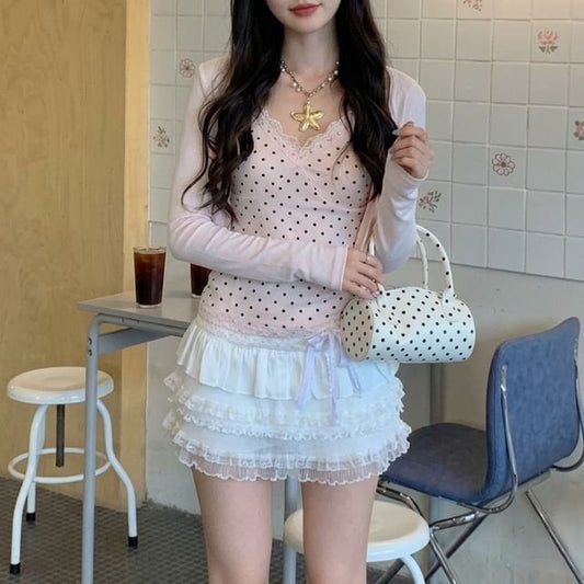 Spaghetti Strap V-Neck Dotted Camisole Top / Plain Crop Cardigan / Mid Rise Mini A-Line Skirt / Set