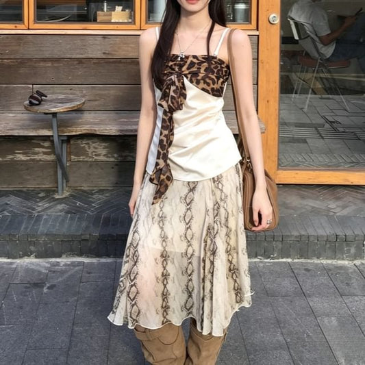 Spaghetti Strap Leopard Panel Camisole Top / Mid Rise Snake Print Midi A-Line Skirt