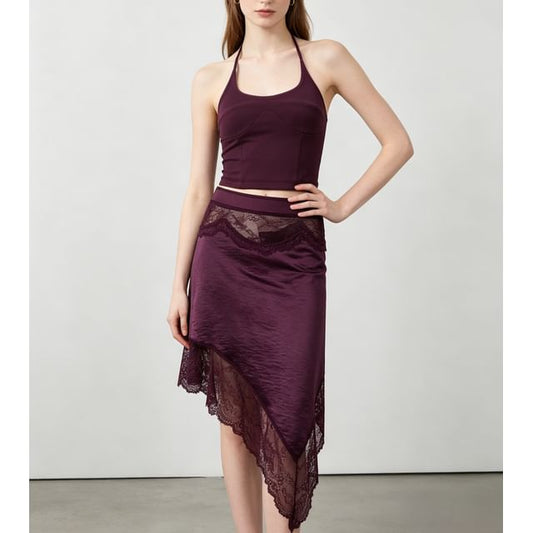 Halter Neck Slim-Fit Camisole Top with Lace Panel Mini Skirt