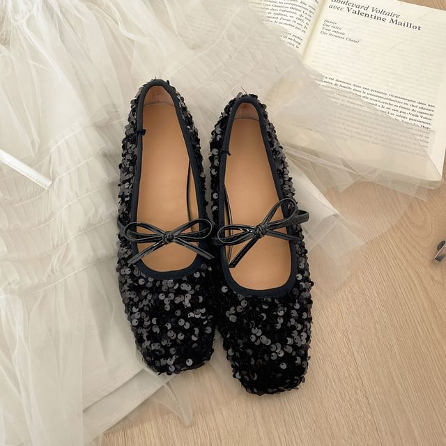 Square Toe Sequin Bow Hidden Wedge Mary Jane Shoes
