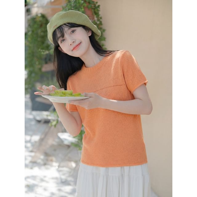 Short Sleeve Crew Neck Perforated Knit Top