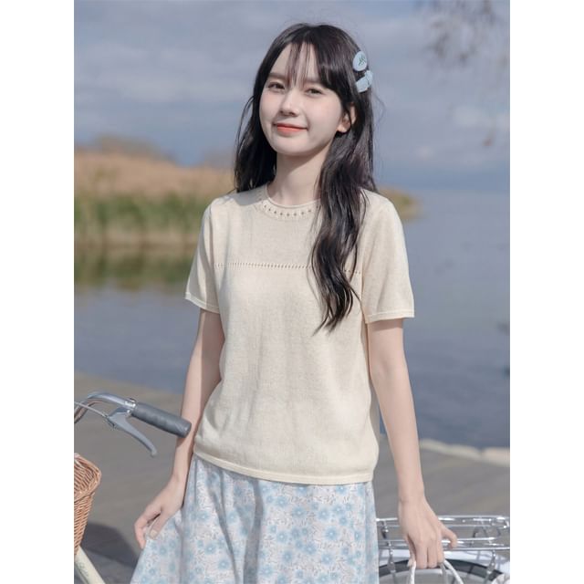 Short Sleeve Crew Neck Perforated Knit Top