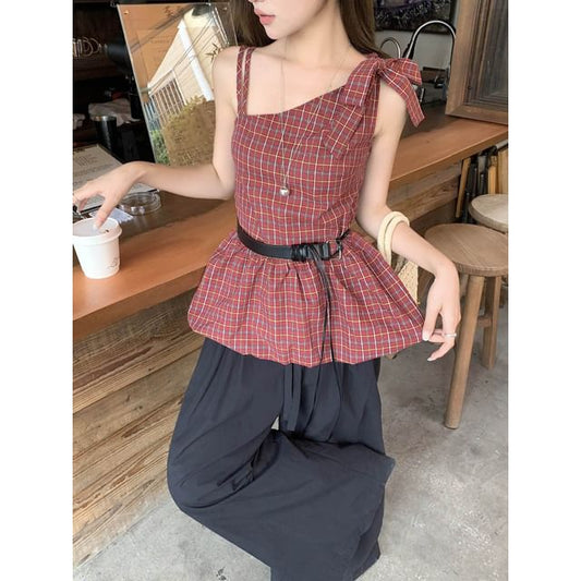 Set: Sleeveless Plaid Bow Peplum Blouse + Faux Leather Belt