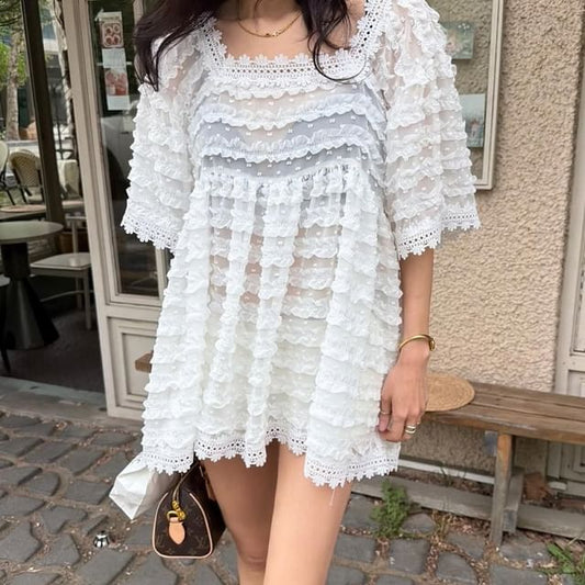 Elbow-Sleeve Square Neck Dotted Lace Trim Ruffle Blouse