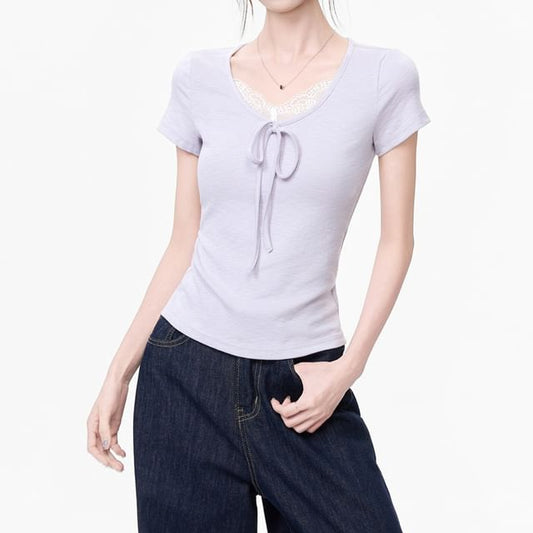 Short-Sleeve V-Neck Lace Trim Plain Top