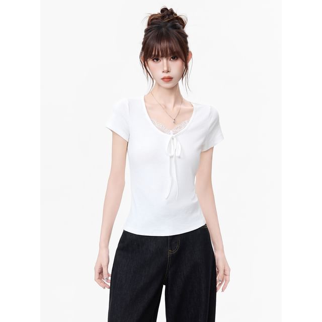 Short-Sleeve V-Neck Lace Trim Plain Top