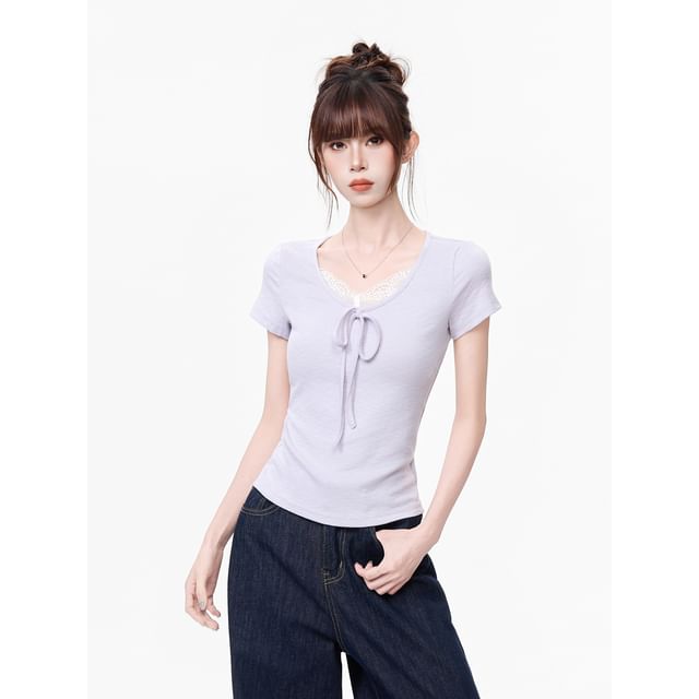 Short-Sleeve V-Neck Lace Trim Plain Top