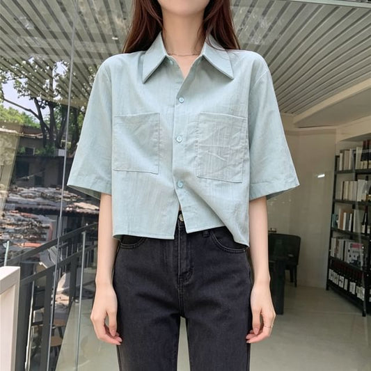 Elbow-Sleeve Button-Up Plain Crop Shirt