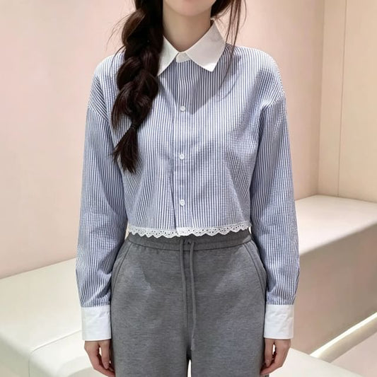 Long-Sleeve Striped Lace Trim Button-Up Crop Shirt