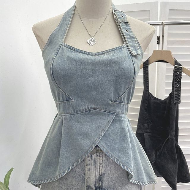 Buckled Open Back Denim Halter Crop Top