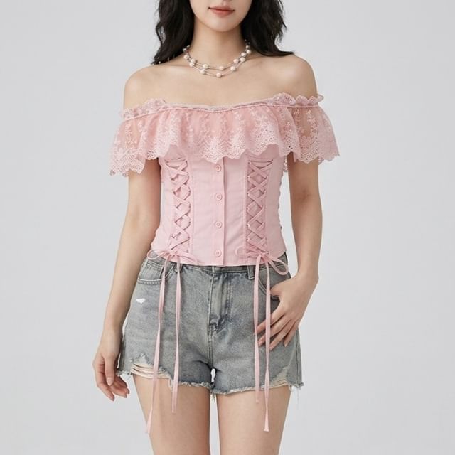 Lace Panel Cap-Sleeve Square Neck Lace-Up Crop Top