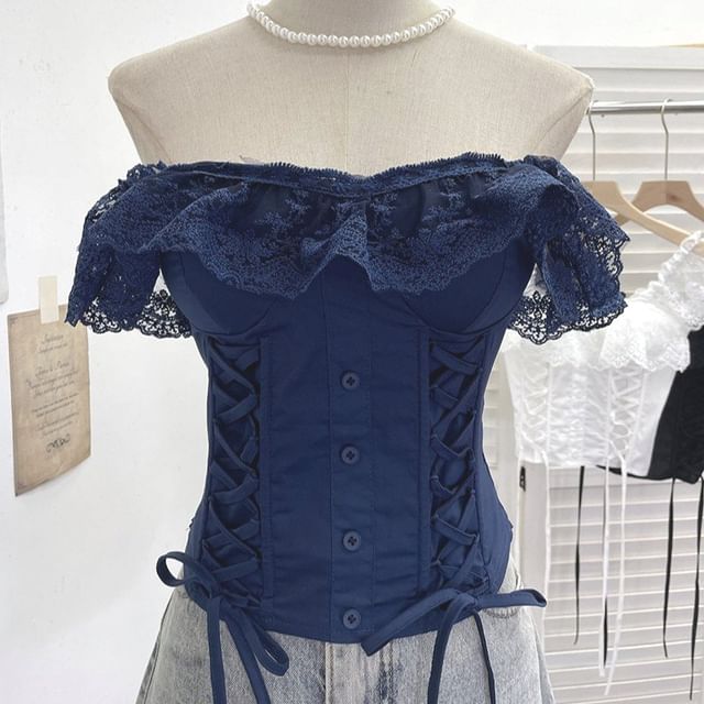 Lace Panel Cap-Sleeve Square Neck Lace-Up Crop Top