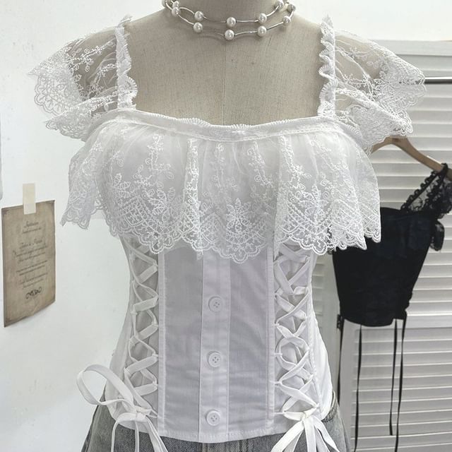 Cap-Sleeve Square Neck Lace-Up Crop Top