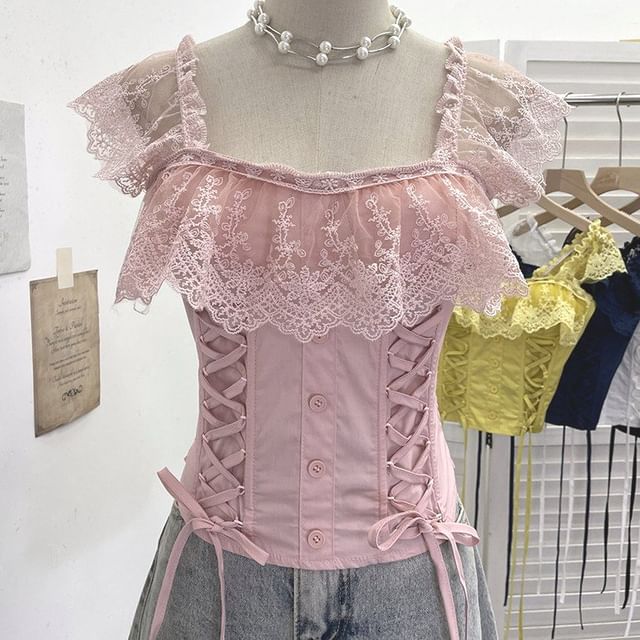 Lace Panel Cap-Sleeve Square Neck Lace-Up Crop Top