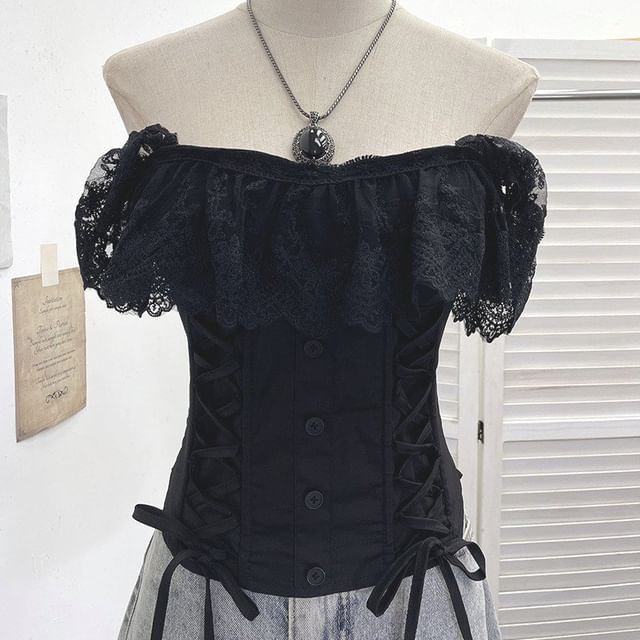 Lace Panel Cap-Sleeve Square Neck Lace-Up Crop Top