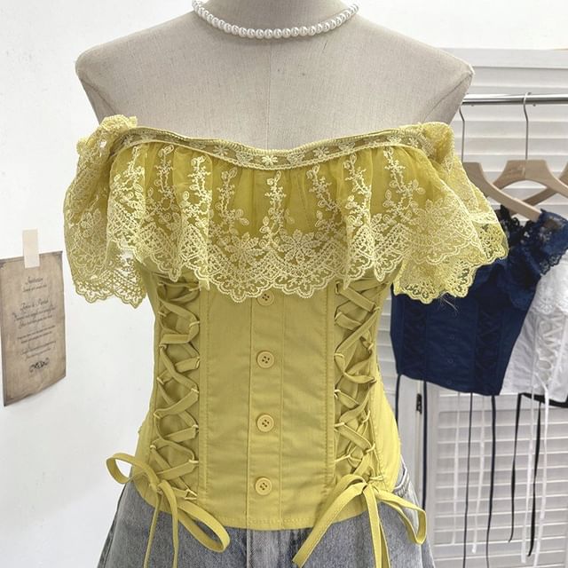 Cap-Sleeve Square Neck Lace-Up Crop Top
