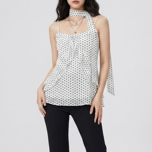 Set: Scoop Neck Polka Dot Ruffle Camisole + Scarf