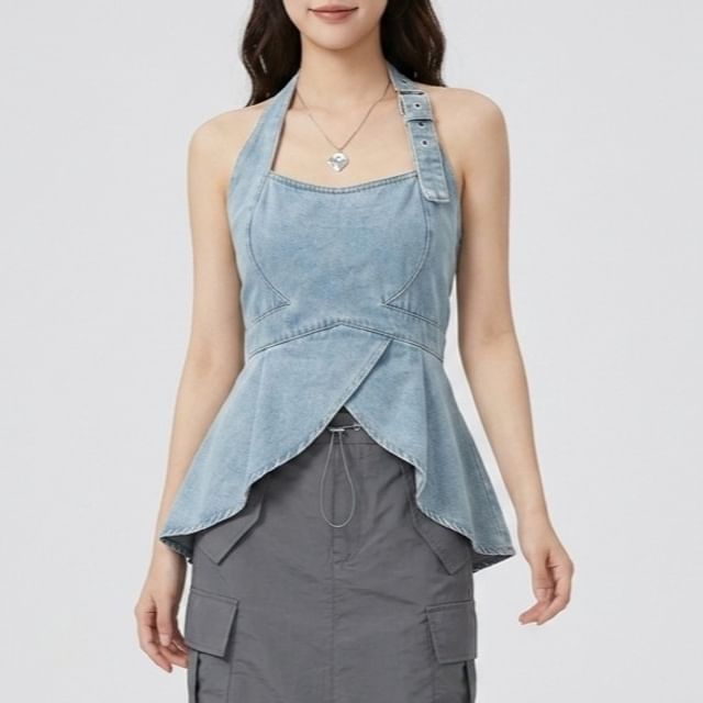 Buckled Open Back Denim Halter Crop Top