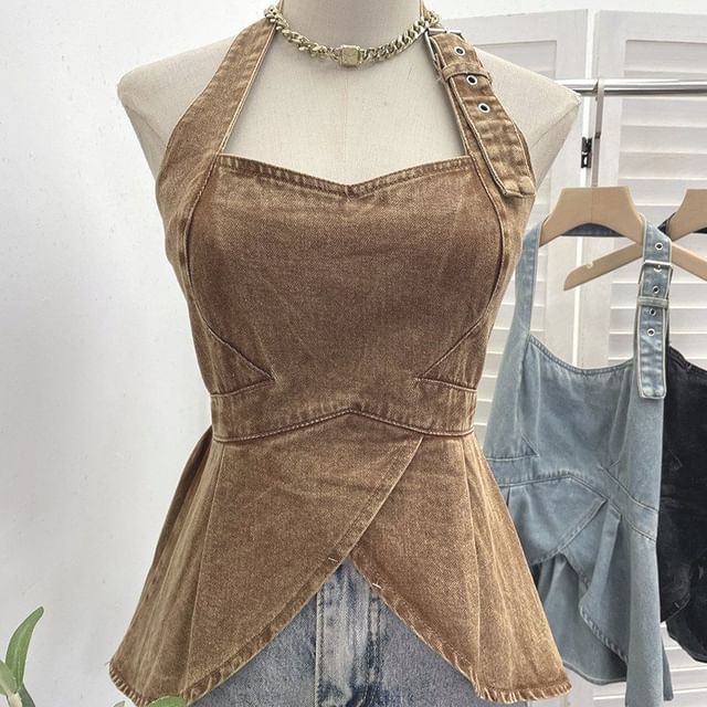 Halter Buckled Open Back Denim Crop Top