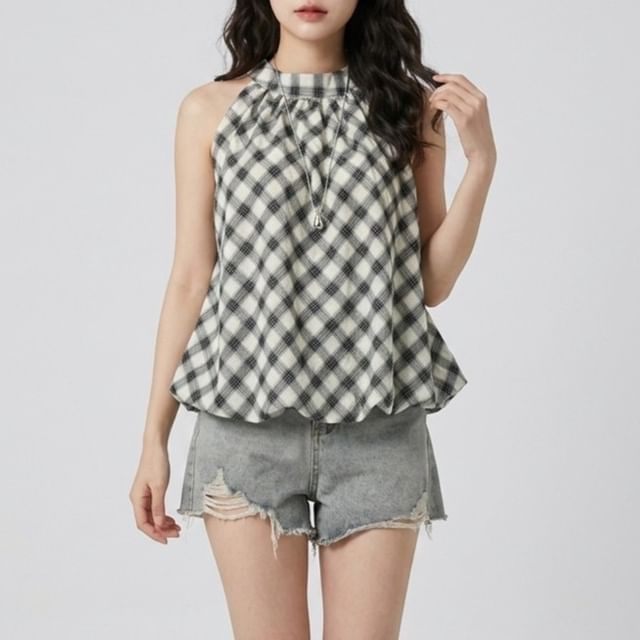 Halter Plaid Bubble Hem Top