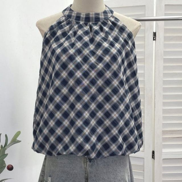 Plaid Halter Neck Bubble Hem Top