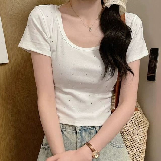Short Sleeve Scoop Neck Plain Rhinestone T-Shirt