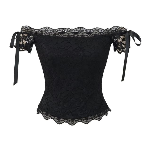 Sleeveless Off Shoulder Plain Bow Lace Top
