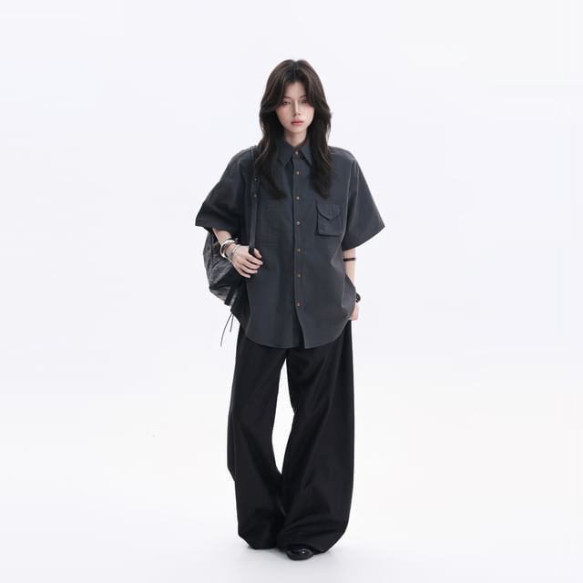 Short-Sleeve Collared Plain Button Up Oversized Shirt