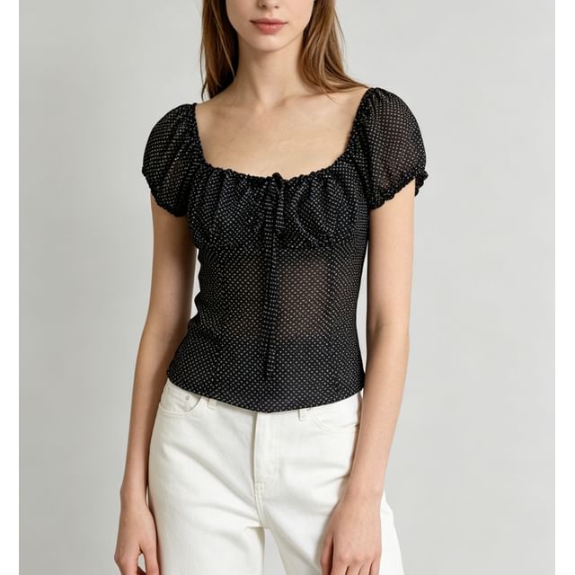 Polka Dot Puff Sleeve Sheer Tie-Front Blouse