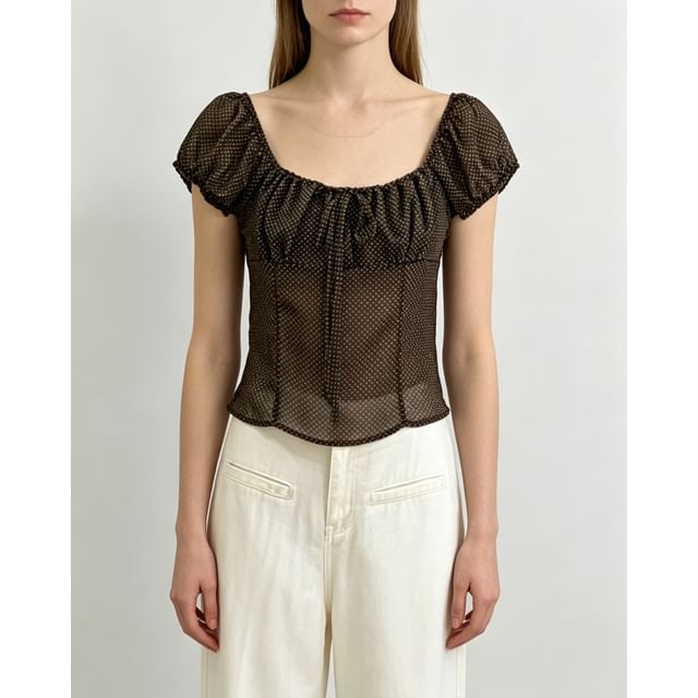 Polka Dot Puff Sleeve Sheer Tie-Front Blouse