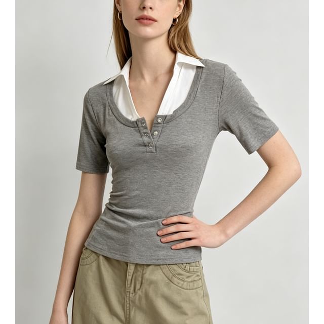 Mock Two Piece Collared Color-Block Short Sleeve Top