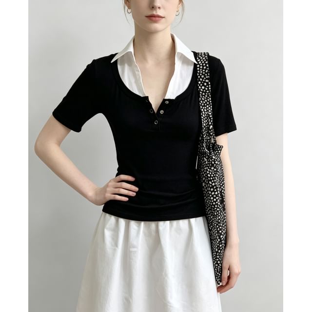 Mock Two Piece Collared Color-Block Short Sleeve Top