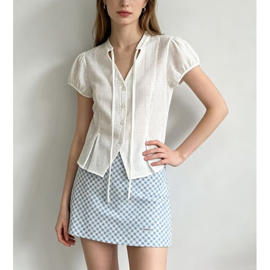Puff-Sleeve V-Neck Gingham Tie-Front Blouse