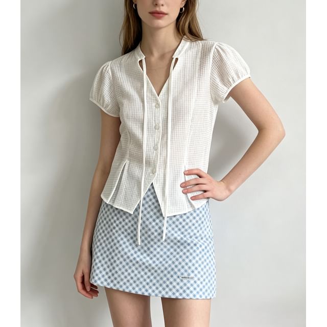 Puff-Sleeve V-Neck Gingham Tie-Front Blouse