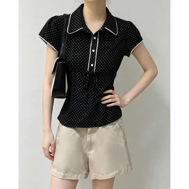 Polka Dot Lace-Trim Collared Tie-Front Short Sleeve Blouse