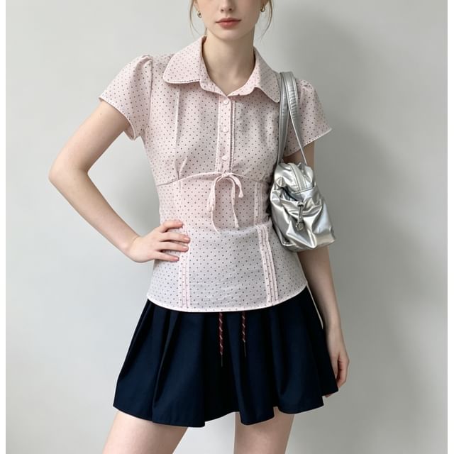Polka Dot Lace-Trim Collared Tie-Front Short Sleeve Blouse