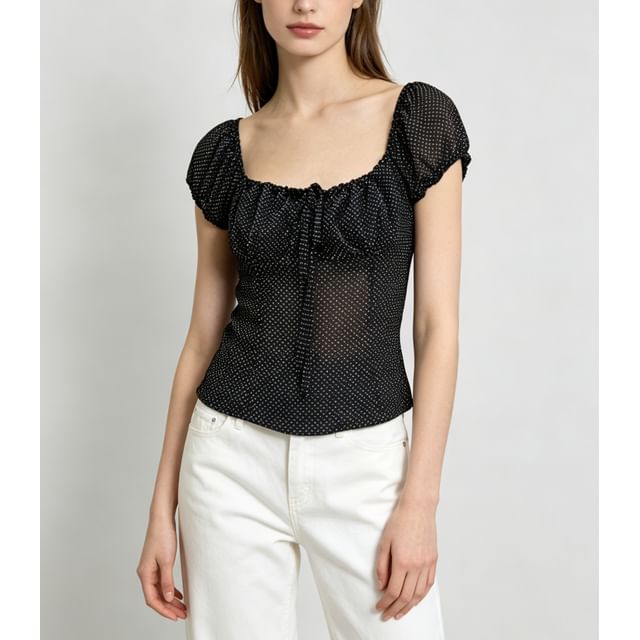 Polka Dot Puff Sleeve Sheer Tie-Front Blouse